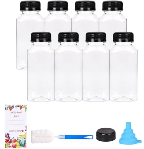 WEGLOK Botellas de Cristal 250ml, 8pcs Botella de Vidrio Reutilizables con Tapa Hermética, Etiquetas, Mini Botella de Vidrio Portátil para Jugo,Jugo de Jengibre,Wellness Shot,Whiskey y Especias
