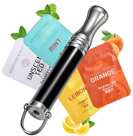 Smoking cessation aid with 12 filters, Wagxoey nicotine-free breathing trainer with 4 flavours, stainless steel anti-stress smoking quitting aid, portable for on the go (black)