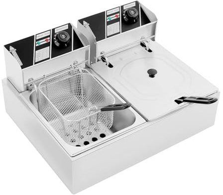 Friggitrice elettrica Commercial da 12 l (2 x 6 L), 5000 W (2,5 KW+2,5 KW), in acciaio inox, doppia friggitrice con zona fredda, termostato 60-200 °C, spina europea per ristoranti e spuntini