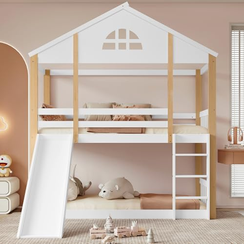 Letto a Castello con Scivolo e Finestra, Legno, Bianco Naturale, 90x200 cm
