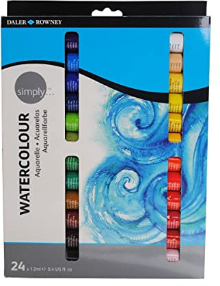 Daler-Rowney Simply Watercolour Paint, Aluminium Tube, 0.41oz - 12 ml, Cardboard Box, Set, 24 Assorted Colours