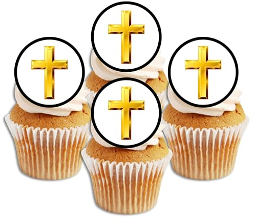 Gold Cross Edible Cupcake Toppers – Religious Cake Decorations for Christenings, Baptisms, Holy Communions, Church Celebrations Uncut (24 x 4cm/1.5 Inch Discs)