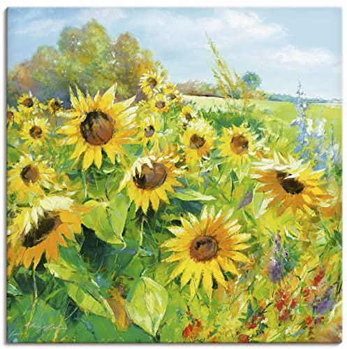 ARTLAND Wanddeko Leinwand Bilder Wandbild 40 x 40 cm Botanik Blumenwiese Sonnenblume Malerei Gelb A1QU Sommerwiese