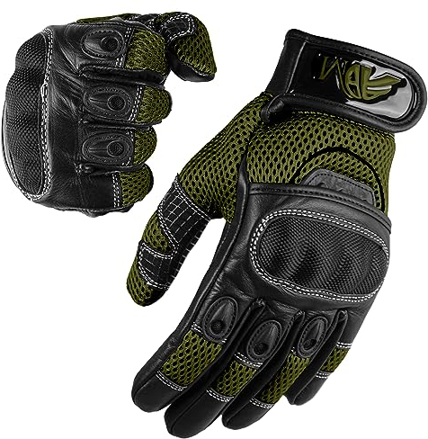 Gants Moto Femme Homologués CE Cuir Été Hiver Mi-Saison Gants Scooter Femme CE Noir & Vert Kaki Tactiles Souples Respirants Taille XS S M L (Réf. 9001 LDY)