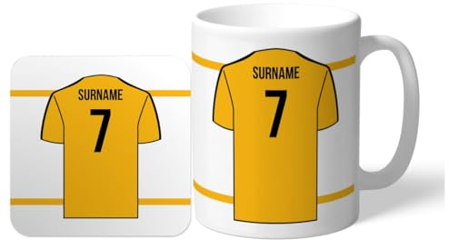 Wolverhampton Wanderers Personalised 'Back of Shirt' 11oz Mug & Coaster Set for Wolves Supporters, with Club Colours, Ideal for Wolves Fans