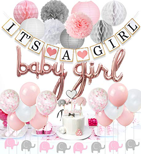 JOYMEMO Babyparty-Dekorationen für Mädchen, Rosa und Weiß, Baby-Luftballons, Elefantengirlande, Konfetti-Luftballons, Elefanten-Kuchenaufsatz für Babyparty-Zubehör