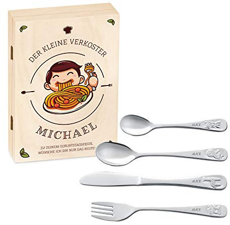 Maverton Kinderbesteck Set mit Gravur + Holzbox mit Aufdruck - aus Edelstahl - mit Tieraufdruck - 4-teilig - personalisierbar - Braun - Geschenk Geburtstag, Taufe, Geburt - der kleine Verkoster
