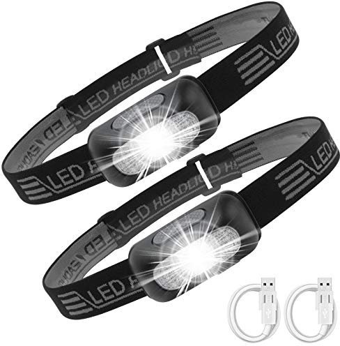 BORUIT LED Head Torch, 2 Pack USB Rechargeable Lightweight Headlamp, Super Bright 5 Modes Waterproof Headlight for Camping, Cycling, Climbing, Hiking, Fishing, Night Reading, Running