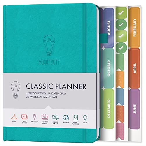 Tagesplaner & Terminkalender – Dankbarkeitsjournal, Wellness-Tagebuch & undatierte Wochenplaner und Organizer – Schreibtisch-Tagebücher für Damen & Herren – LUX Productivity Classic (Aquamarinblau)