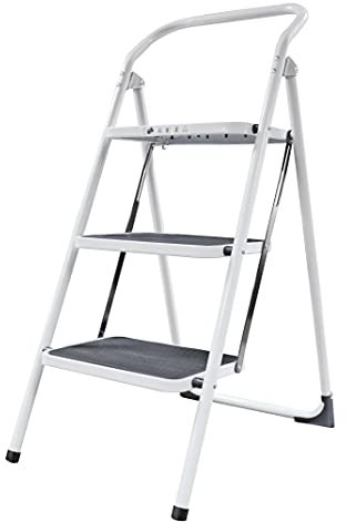 Amig - Escalera Plegable de 3 peldaños - Taburete Plegable - Medidas: 72 x 65 x 101 cm - Taburete con Tres escalones Antideslizantes - Peso máximo 150 kg - Acero - Blanco y Negro