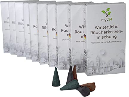 mgc24 Winterliche Räucherkerzenmischung - 10 x 24 Räucherkegel in 3 verschiedenen Duftsorten - Weihrauch Tannenduft Winterorange