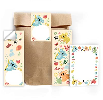 6 Lesezeichen + 6 Mini-Notizblöcke + 6 Geschenktüten (Natur) + 6 Aufkleber Koala Mitgebsel Gastgeschenk beim Kindergeburtstag Mädchen Jungen