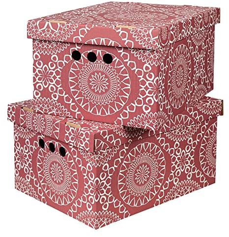 Cardboard Storage Boxes with Lid, Decorative Wardrobe, Closet, Home & Office Organiser with Handle, Flat-Packed, Stackable File Box, Gift for Adults & Kids, Set of 2, Large - Marocco Burgundy