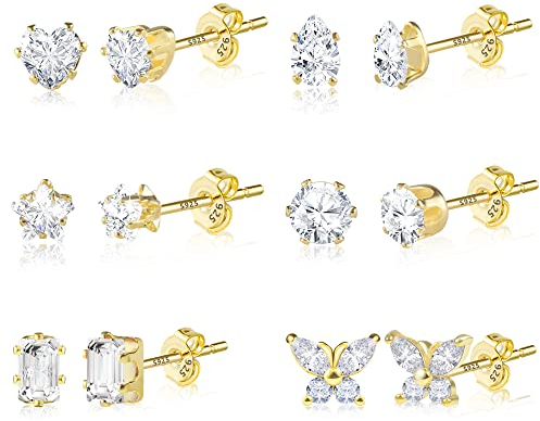 6 Paar Ohrstecker Gold Set, Ohrstecker Gold Kleine,14K Vergoldete Ohrstecker 925 Damen, Schläfer Knorpel Ohrstecker Ohrringe für Damen