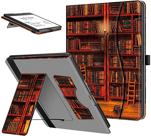 FINTIE Étui pour Kindle Scribe 2024/2022 10.2 Pouces - Housse avec Double Béquilles et Fente pour Carte, Etui avec Dragonne et Poche Frontale, Bibliothèque