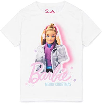 Barbie Girls T-Shirt in White | Merry Christmas Graphic Tee for Children | Cute Seasonal Winter Fashion Short Sleeve Lightweight Top | Festive Holiday Fun Cute Merchandise Gift for Her