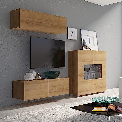 Lomadox Wohnwand Anbauwand Eiche Nb. 3-teilig Modern, mit 1 TV-Lowboard, 1 Hängeschrank, 1 Highboard