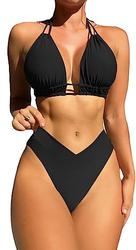 TOEECY Bikini Set Damen Halter Neck Ruched Cut Out Badeanzüge Bademode Zweiteiliger Badeanzug Push Up High Waist Sexy Schwimmanzug Swimsuit (Schwarz,S)