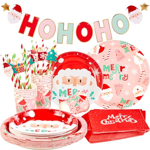 SUNBEAUTY 85 Stück Weihnachten Partygeschirr Set Weihnachts Pappteller Servietten Pappbecher Papierpipette HOHOHO Banner Weihnachten Geschirr Set für Weihnachtsparty Deko(16 Gäste)