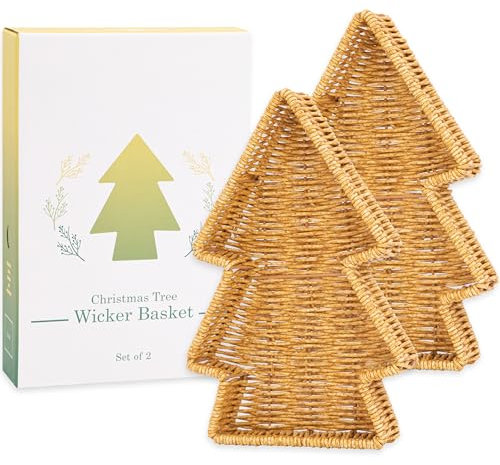 myHomeBody Cesta de Mimbre Árbol de Navidad, Bandeja Decorativa, Bandeja para Aperitivos, Bandejas y Fuentes para Servir Navidad, Bandeja para Servir Árbol de Navidad, Mimbre de resinaSet de 2