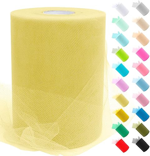 Uiopa Tulle Jaune Clair, 15cm x 91,4m Rouleau de Tulle en Polyester Maille Tissu pour Tutu Jupe, Deco Mariage/Fête, Deco Chaise Mariage, Noeud Cadeau, Artisanat DIY