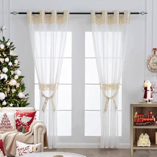 L.Z.E Christmas Gold and White Sheer Curtains for Living Room 89-90 Inch Drop with Eyelet Gold Curtains & Drapes for Bedroom 225 cm Long Transparent Window Sheers with Tiebacks Grommet Top