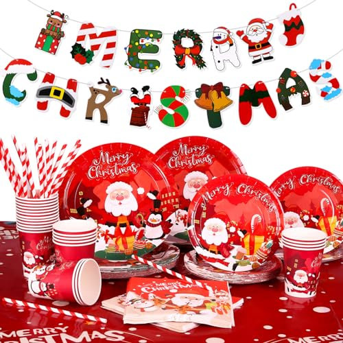 GWHOLE 122 PCS Christmas Paper Plates Holiday Tableware Dinner Set Include Plates Napkins Cups Straws Banners PVC Tablecloth for Christmas Party Supplie(Serves 24)