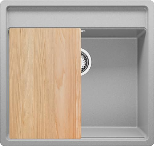 PRIMAGRAN Evier d'angle en Granit Gris 56x53cm, Lavabo Cuisine 1 bac + Kit de Vidage + Planche à Découper, Évier à Encastrer au meuble 60cm - Bergen