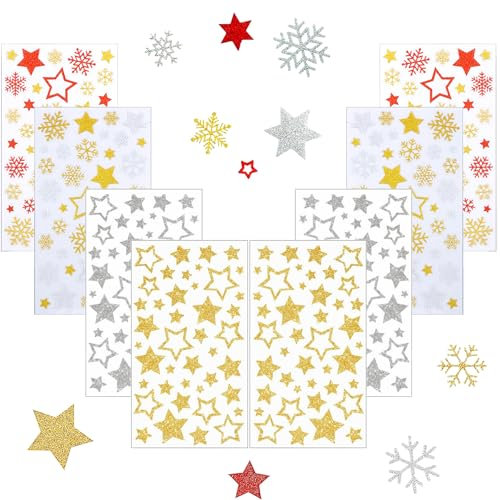 8 Blätter Stern Aufkleber Glitzer Stern Sticker Gold Silber Rot Weihnachtssticker Weihnachtsaufkleber Selbstklebend Xmas Aufkleber zum Basteln DIY Geschenke Deko für Weihnachten