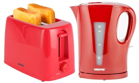 Geepas Electric Kettle & 2 Slice Bread Toaster Kitchen Combo Set | 2200W 1.7L Cordless Jug Kettle Boil Dry Protection & Auto Shut Off | 650W 6 Level with Browning Control & Crumb Tray | Red