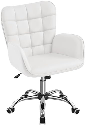 Yaheetech Faux Leather Office Chair Ergonomic Makeup Chair Modern Mid-back Vanity Chair w/Wide Seat, Padded Armrests for Living Room, Bedroom White