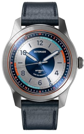 DeTomaso URBAN Explorer Automatic GMT Silver Blue Silber Blau Herren Armbanduhr Analog Automatik Leder Armband Blau