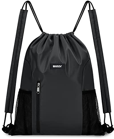 WANDF Kordelzug-Rucksack mit Schulterpolster, Sport-Gym-Rucksack mit Netztasche, Kordelzug-Rucksack für Damen und Herren (Schwarz)