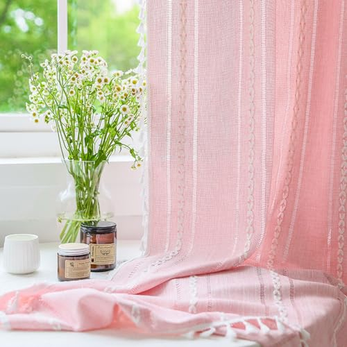 Menkala Gardinen Gestreift Rosa mit Fransen Vorhänge Halbtransparent Baumwolle Leinen Vorhang Landhausstil Wohnzimmer Verdunklung Boho Curtain Deko Kinderzimmer Schlafzimmer 1 Stück 135x200cm(BxH)