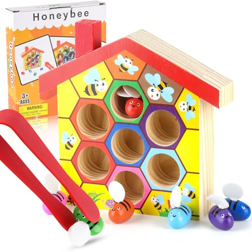 ZDNT Montessori Spielzeug Ab 3 Jahre,Holzspielzeug,beeindruckenden Montessori Holzspielzeug Set mit Pinzette und hölzernem Bienenhaus,Lernspielzeug Geschenke,Farben Lernen Jungen Mädchen Lernspiel