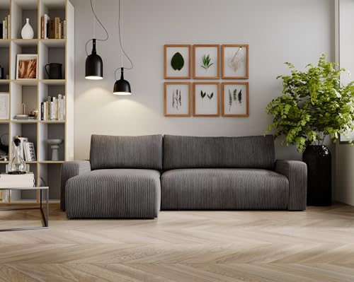MKS Meble Cord Stoff, Cord Couch, Sofa mit Schlaffunktion und Bettkasten, Schlafsofa Cord, Couchgarnitur Ecke Bettcouch, Cord Stoff - Argos - Dunkelgrau Cord