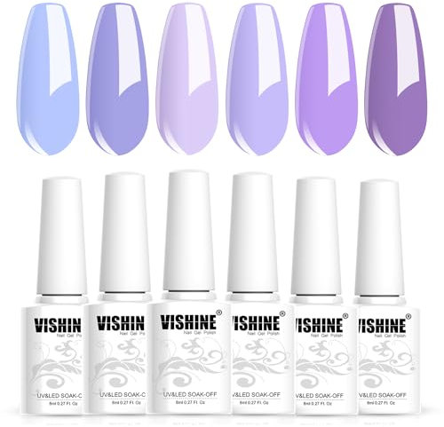 Vishine Lavender Gel Nail Polish, 6 Colors Gel Nail Polish Lilac Baby Purple Violet Color Soak Off UV LED Nail Gel Polish Nail Art Starter Manicure Salon DIY at Home