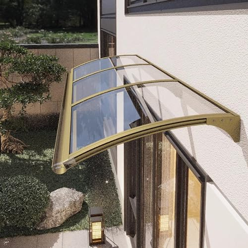 EingangstürTürdach Überdachung Haustürvordach mit Regenrinne,Pavillion Regenschutz Beständiger,Gebogene Fenster Markisen Aluminium Bügel Transparente Platte Polycarbonat (150×590cm,Champagne Gold)