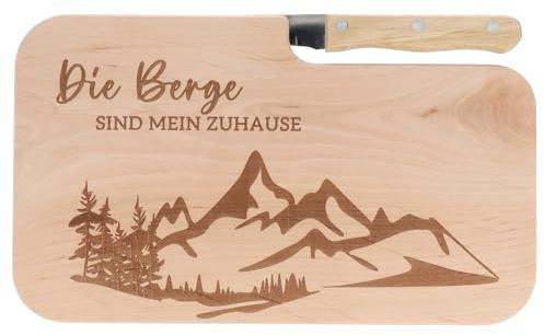 Spruchreif | Brotzeitbrett mit Messer Die Berge sind mein Zuhause – Graviertes Holzbrett mit Berg-Motiv | Geschenkidee für Wanderer, Bergliebhaber & Outdoor-Fans