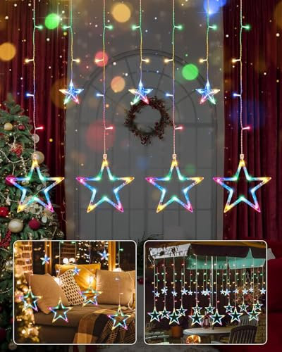 iShabao Christmas Star Curtain Lights, 138 LED Curtain Fairy Lights with 12 Stars, 8 Modes Christmas Decorations Window Lights for Xmas Tree, Party, Wedding, Garden, Bedroom (Multicolor)