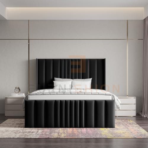 Furnishion Upholstered Panel Double Bed Frame - Black Plush Velvet Bed Frame with 48inch High Headboard - Mattress not Included - Wooden Slat Support