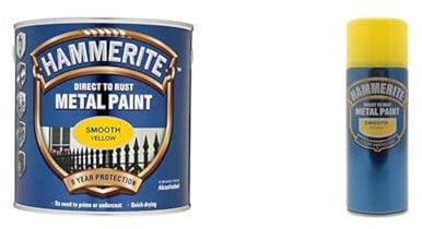 Hammerite Direct to Rust Metal Paint - Smooth Yellow Finish 750ML & Direct to Rust Metal Paint Aerosol Smooth Yellow Finish 400ML