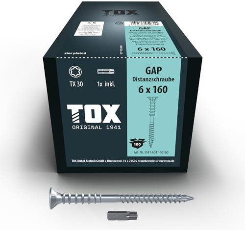TOX Distanzschrauben GAP 6,0 x 160 mm verzinkt, 100 Stk. | Abstandsschraube TX30 für millimetergenaue Ausrichtung von Holz-Unterkonstruktionen, inkl. Bit, 1141404160160