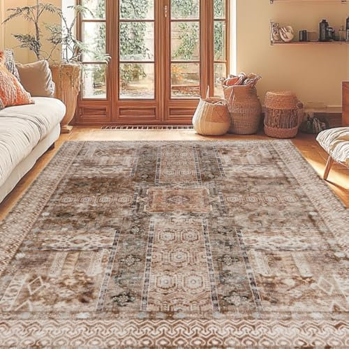 BSGIFT Waschbare Teppich 120x160, Vintage Kurzflor Teppich rutschfest für Küche Esszimmer Bettvorleger Schlafzimmer Wohnzimmer Wohnzimmerteppich, Aesthetic Teppiche Beige