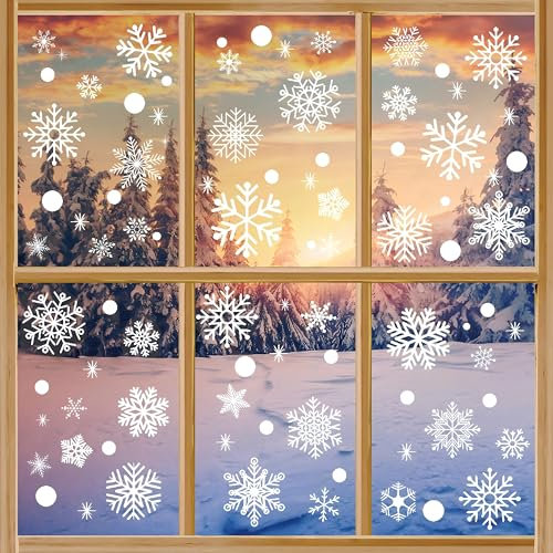 AhfuLife Fensterbilder Weihnachten, 152 Stück Fenstersticker Weihnachten Selbstklebend, Wiederverwendbar Doppelseitig Weihnachten Schneeflocke Fensterdeko für Winter Xmas Party Weihnachtsdeko