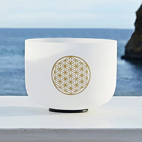 Bol chantant en cristal de quartz dépoli avec fleur de vie 528 Hz 20,3 cm C 5 octaves Chakra