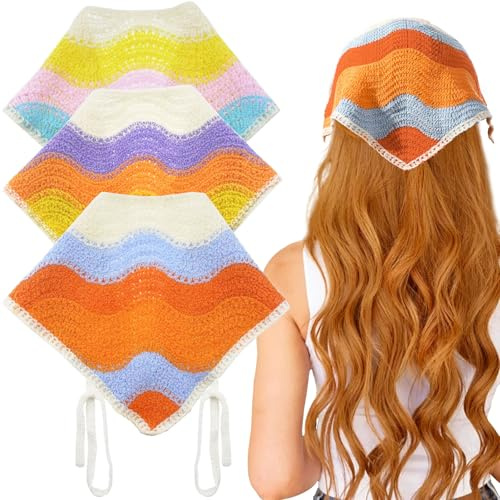 3PCS Crochet Bandanas Headbands, Cute Style Hand Knitted Headband Handmade Kint Crochet Hair Bandanas Vintage Hair Scarf Triangle Hair Headband with Ties for Women Girls
