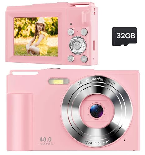 Camara de Fotos Digital Compacta: 48MP Cámara 16X Zoom con Tarjeta 32GB - Camara de Fotos Digital Infantil Enfoque Automático - Videocamara para Principiantes Niños Adultos Rosa