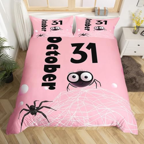 Kids Halloween Spider Web Duvet Cover for Girls Pink Halloween Decor Double Comforter Cover, Spider Web Decoration Bedding Set Nightmare Before Christmas Halloween Decorations Kawaii Room Decor