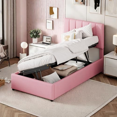 Wyibwy Letto imbottito 90x200 cm, Letto di stoccaggio idraulico,multifunzionale letto singolo con tessuto di lino,con Testata regolabile,adatto per adulti e ragazzi,Rosa